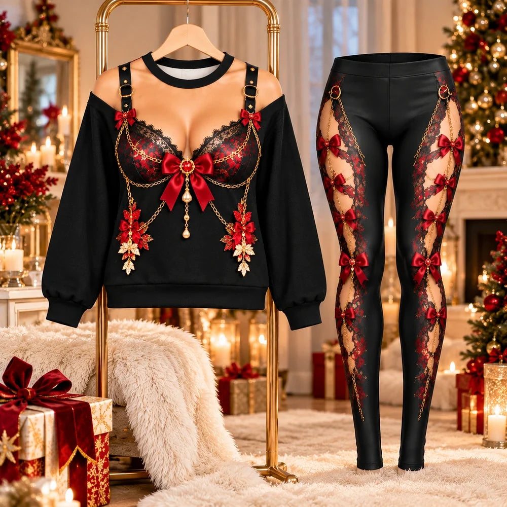 Sexy Christmas Bow Lace Sweatshirt & Leggings Set – Women’s Festive Holiday Outfit