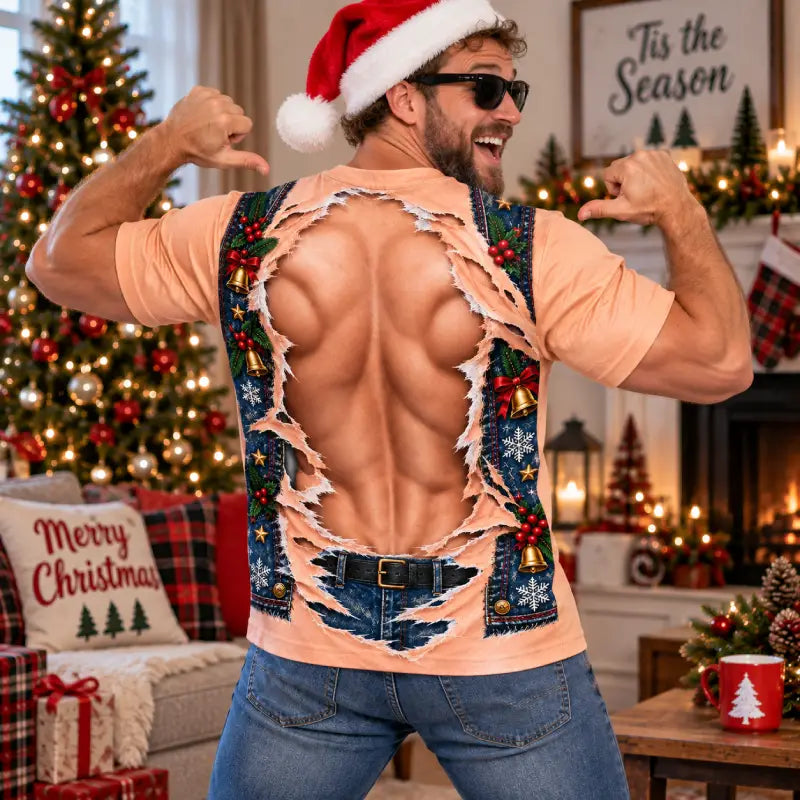 Funny Christmas Muscle Illusion T-Shirt – Faux Vest & Ripped Back Print