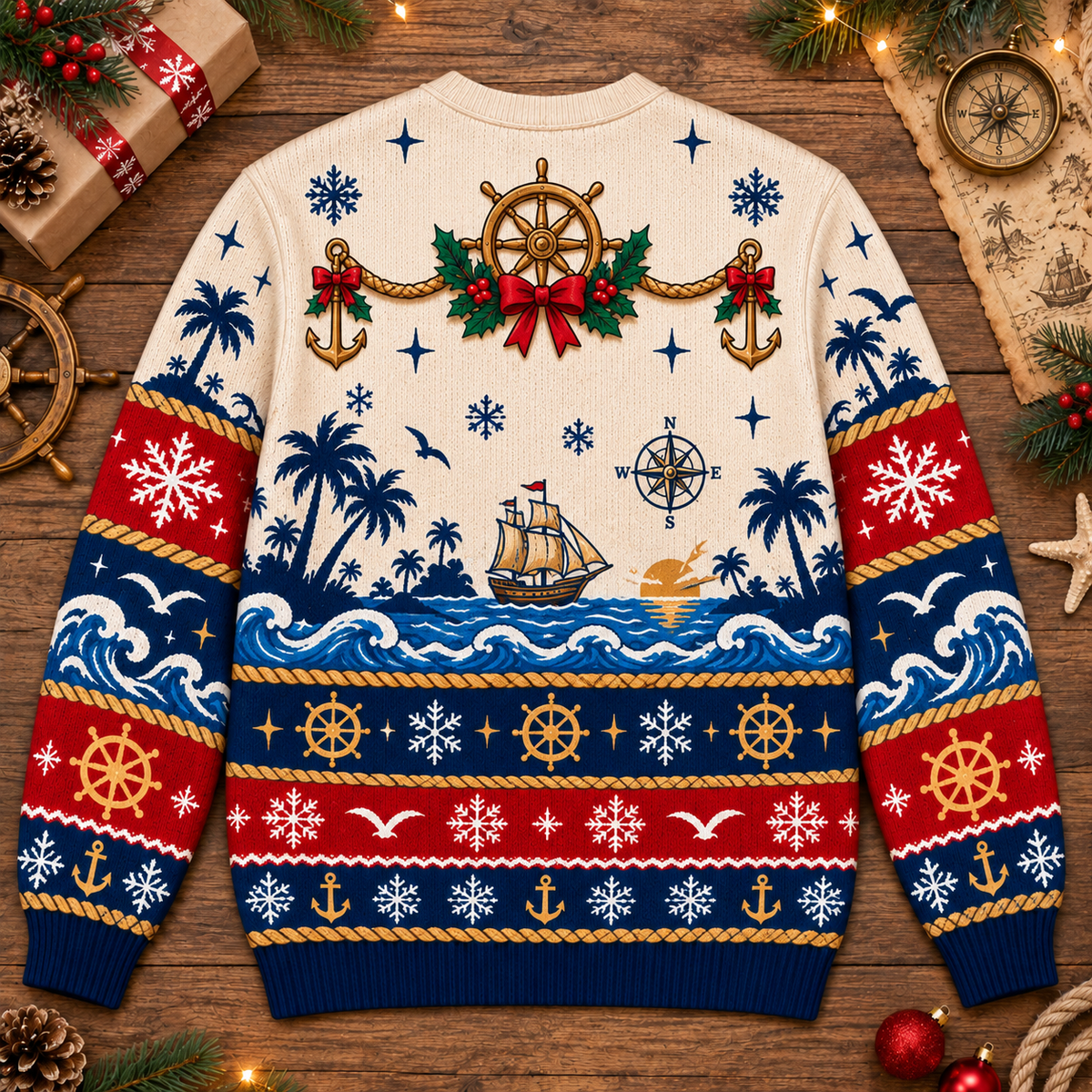 Personalized Skin Tone Treasure Map Christmas Sweater – Pirate Fan Print