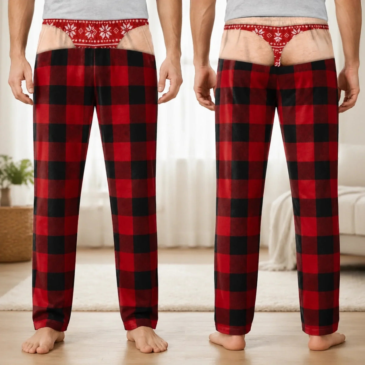Funny Optical Illusion Christmas Plaid Pajama Pants – Men's Ugly Christmas Loungewear