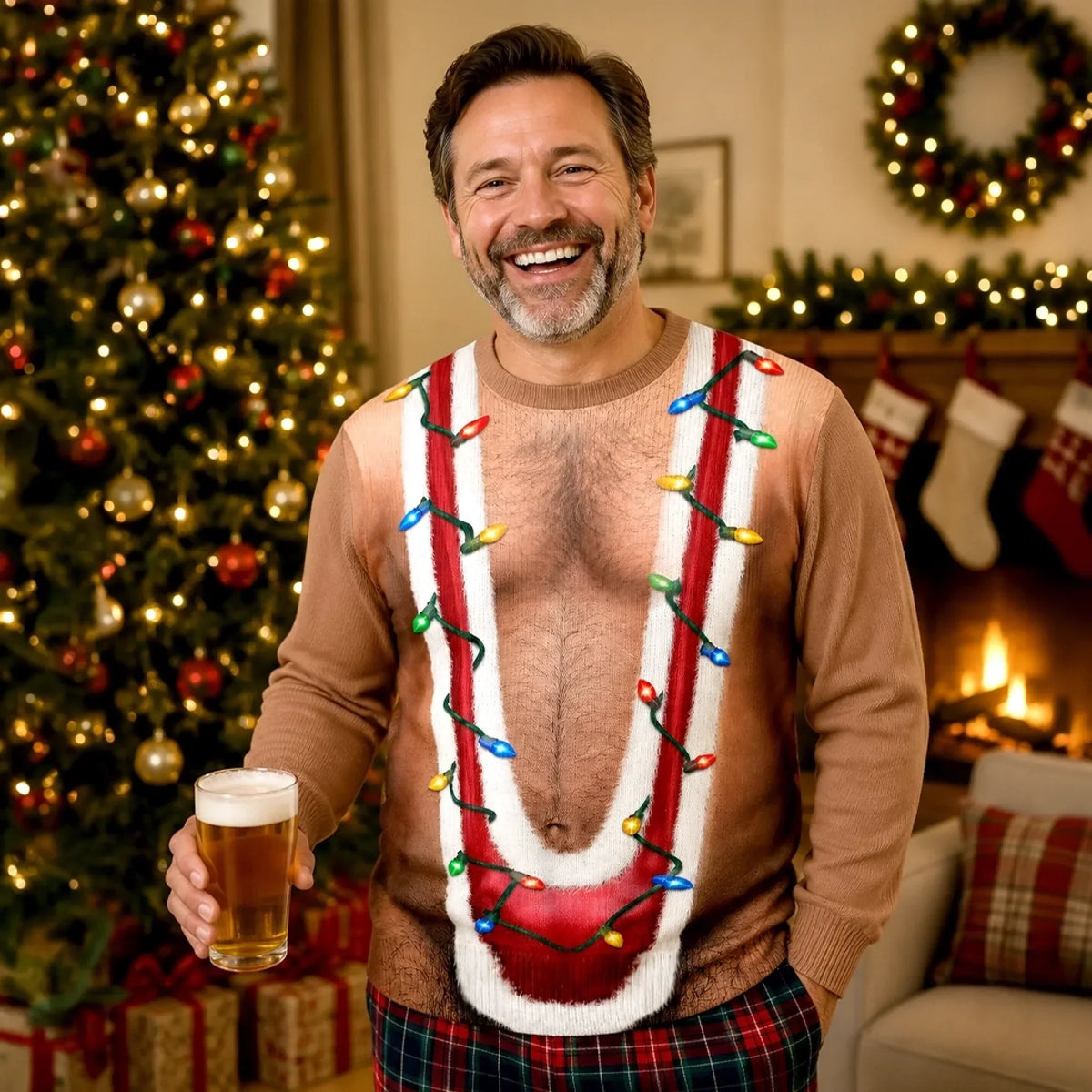 Funny Christmas Light Fake Chest Print Sweatshirt – Festive Gag Party Sweater