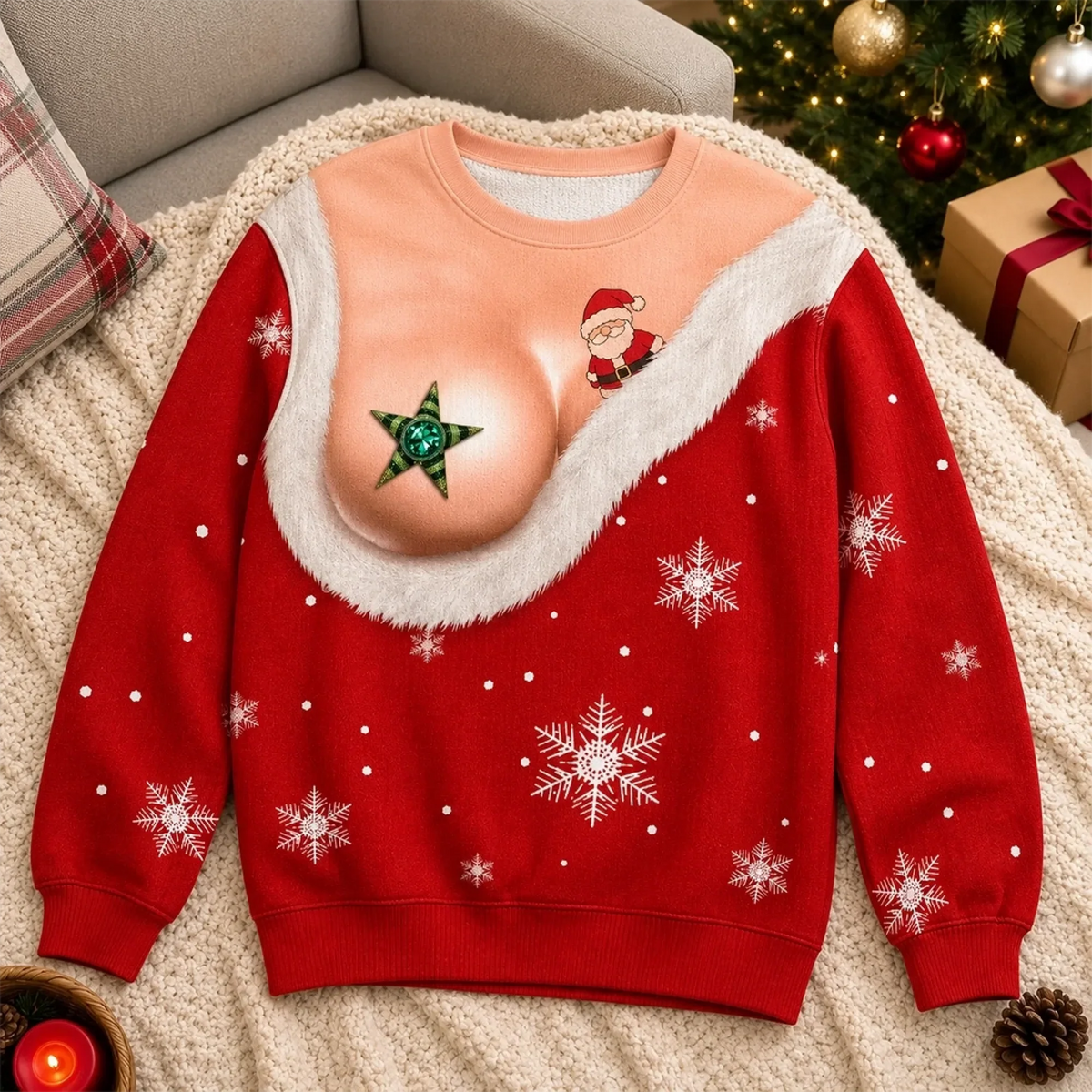 Funny Christmas Ugly Sweater – Realistic Shirtless Santa Belly Illusion Sweater for Men
