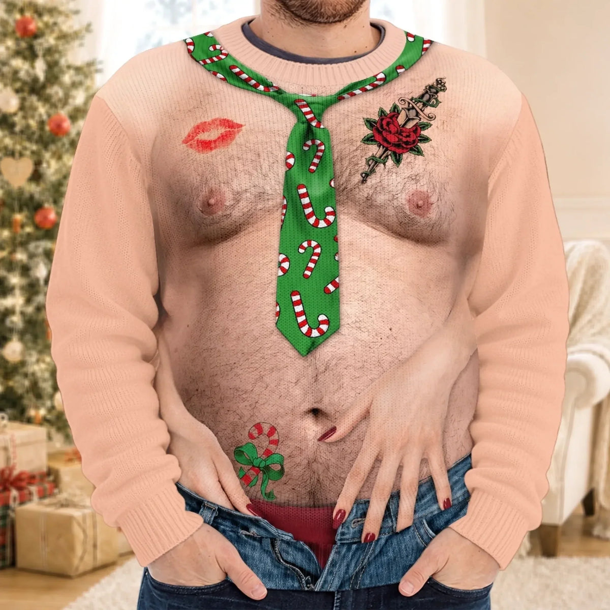 Funny Christmas Ugly Sweater – Realistic Shirtless Man Illusion Pullover for Men