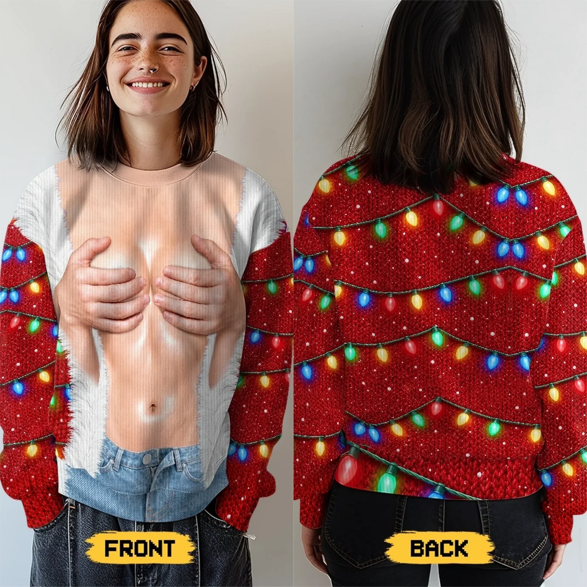 Funny Christmas Muscle Illusion Sweater – Personalized Ugly Christmas Pullover for Women