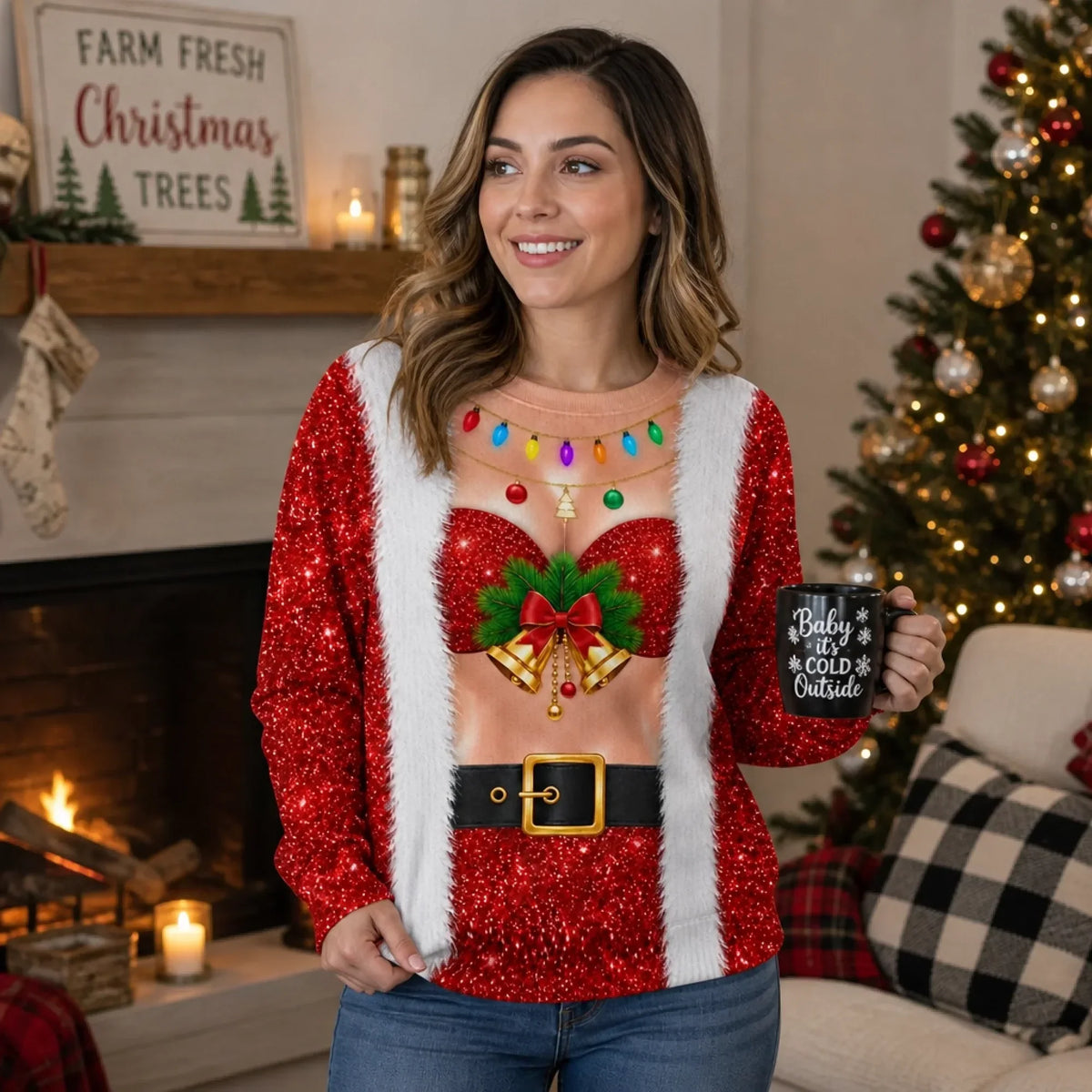 Funny Bell Bust Santa Print Sweatshirt – Sparkly Christmas Party Jumper