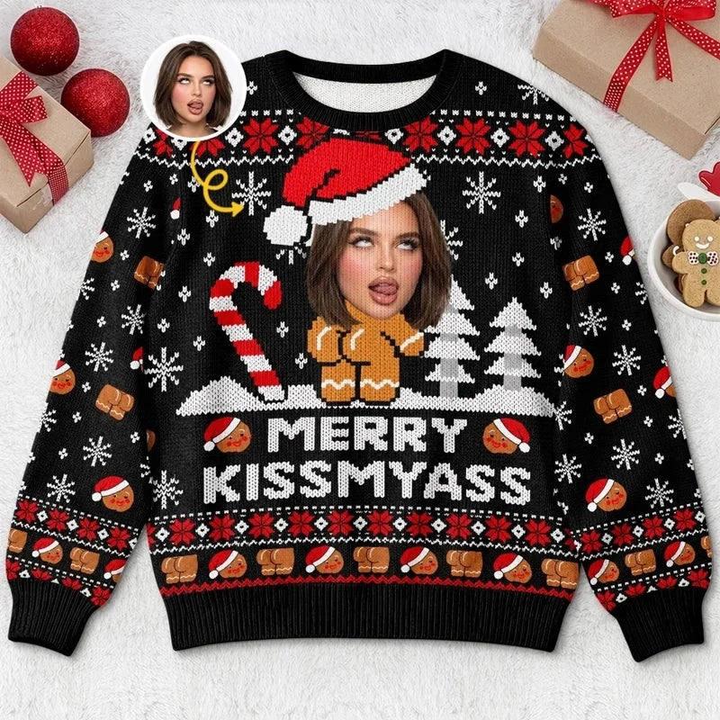 Personalized Christmas Sweater – Custom Photo Merry Kissmyass Ugly Sweater