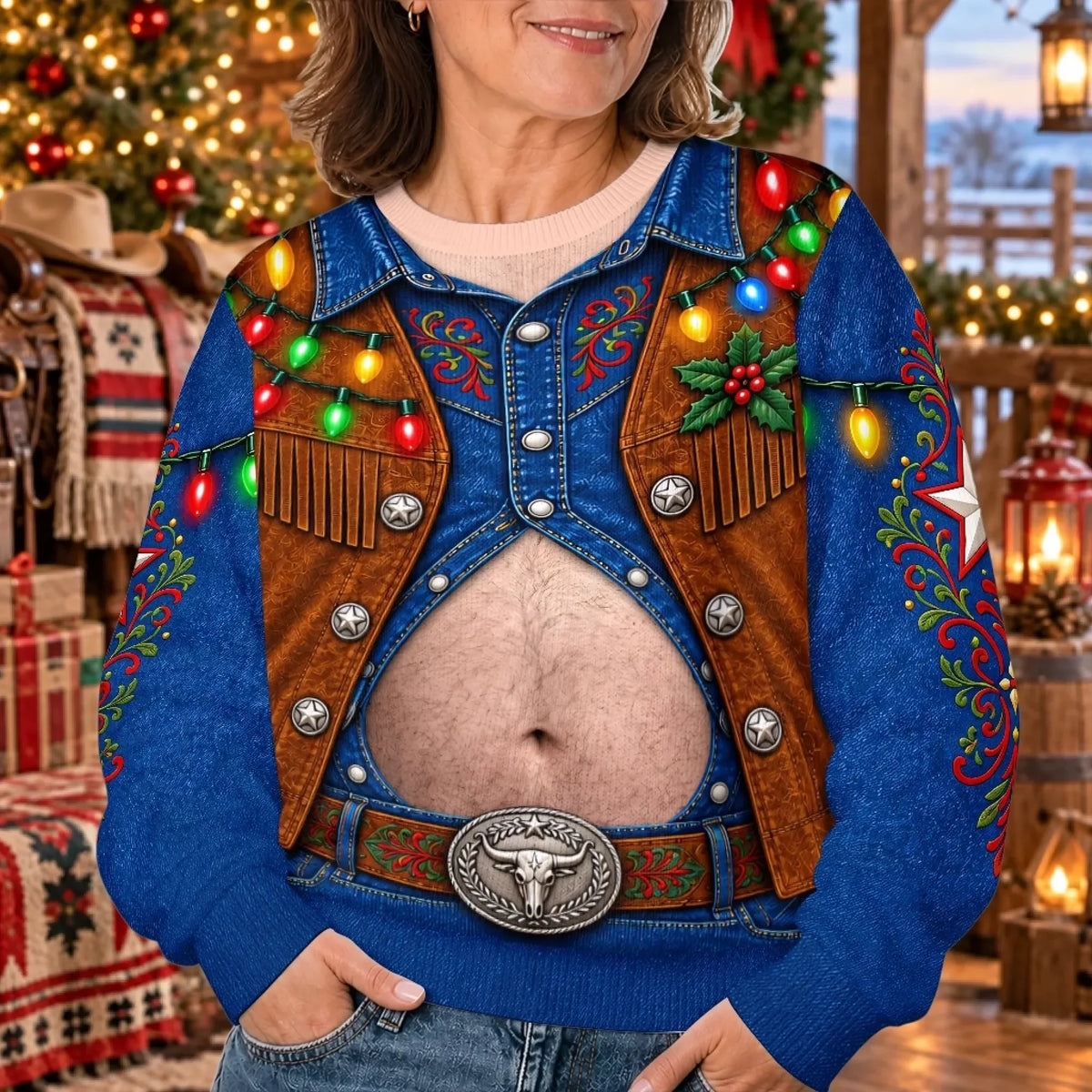 Funny Christmas Cowboy Belly Sweatshirt – Western Holiday Lights Pullover