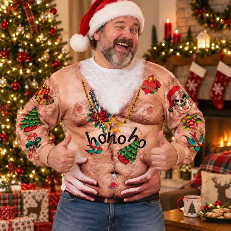 Custom Ho Ho Ho Tattoo Belly 3D Christmas Sweatshirt – Funny Ugly Christmas Sweatshirt