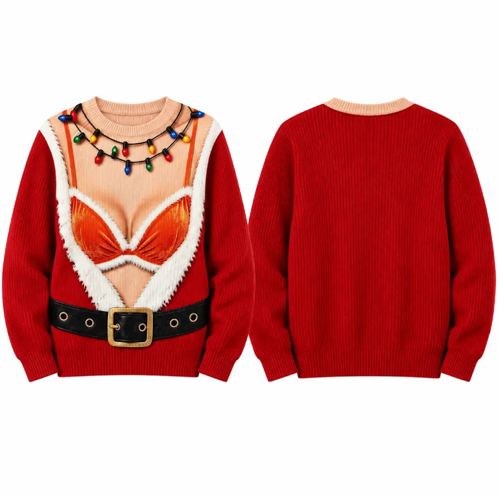 Funny Christmas Sweater for Women – Sexy Santa Optical Illusion Sweater, Faux Lingerie & Belt Print