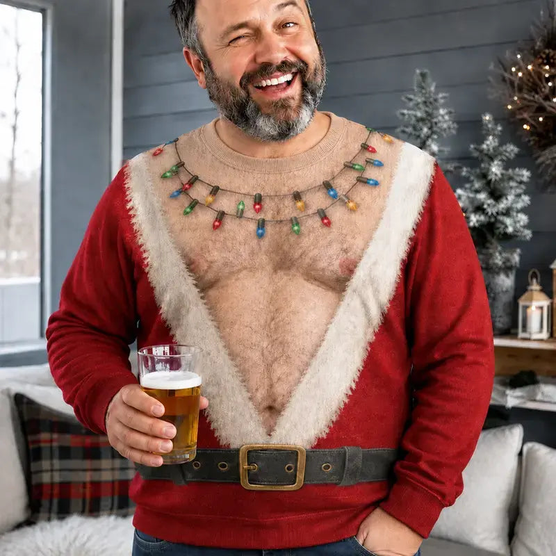 Funny Hairy Chest & Six-Pack Abs Ugly Christmas Sweater – Santa Belt Holiday Party Sweatshirt