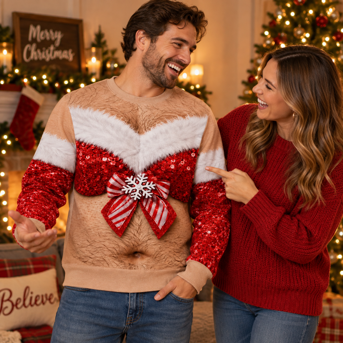 Custom Skin Tone Funny Ugly Christmas Sweater – Couples Holiday Party Sweatshirt