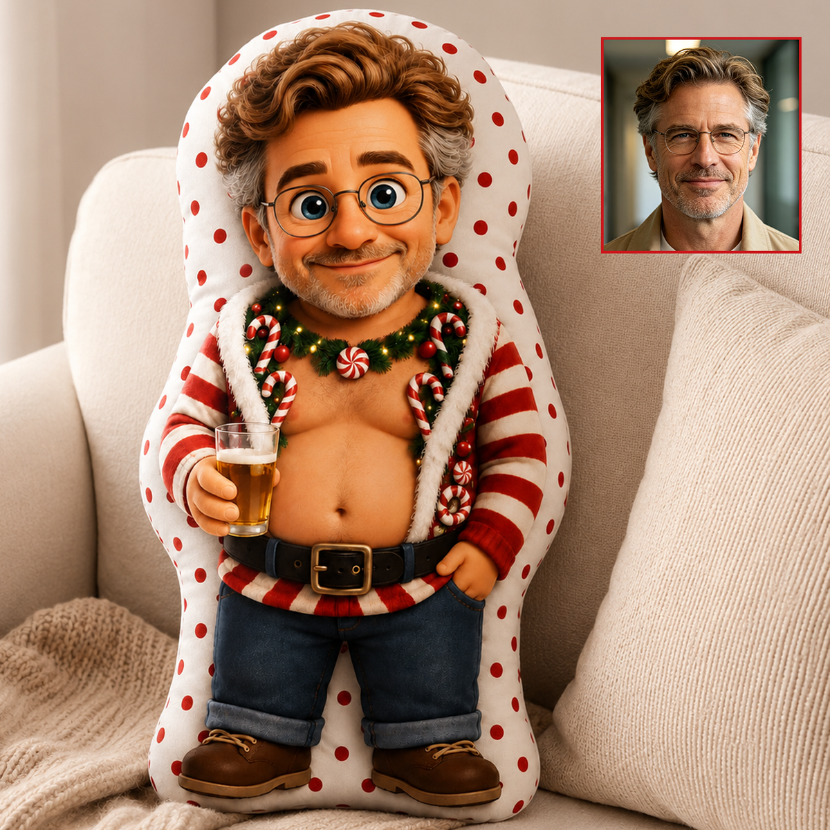 Personalized Custom Face Christmas Guy Pillow, Funny Muscle / Beer Belly Man Plush, Holiday Gag Gift for Him