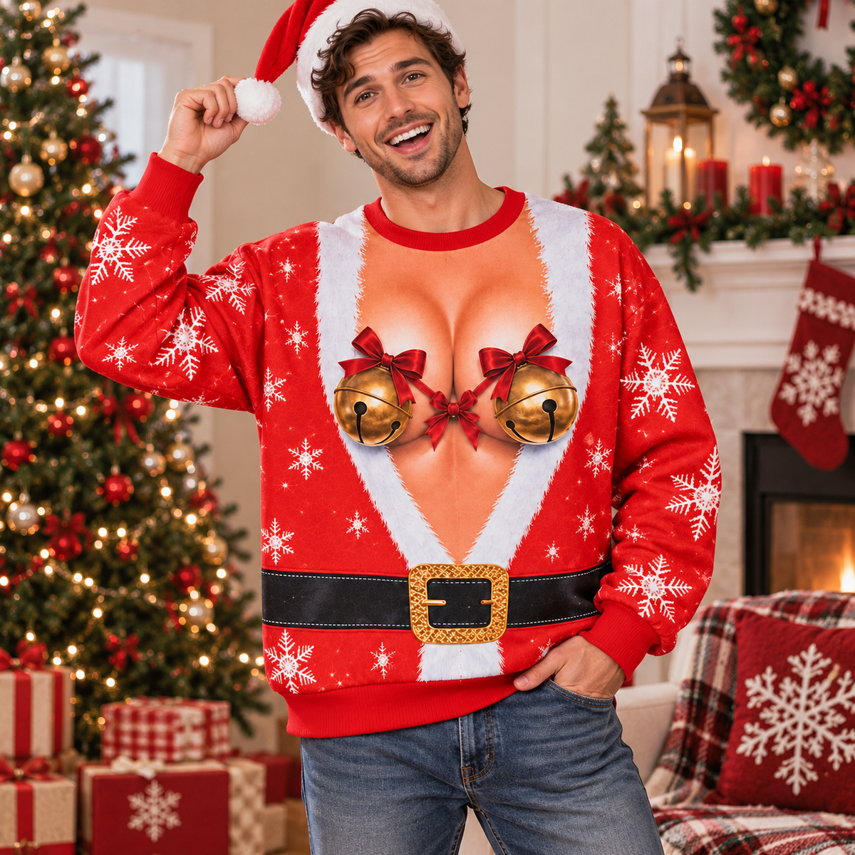 Funny Christmas Santa Bell Ugly Christmas Sweatshirt – Festive Snowflake Holiday Pullover