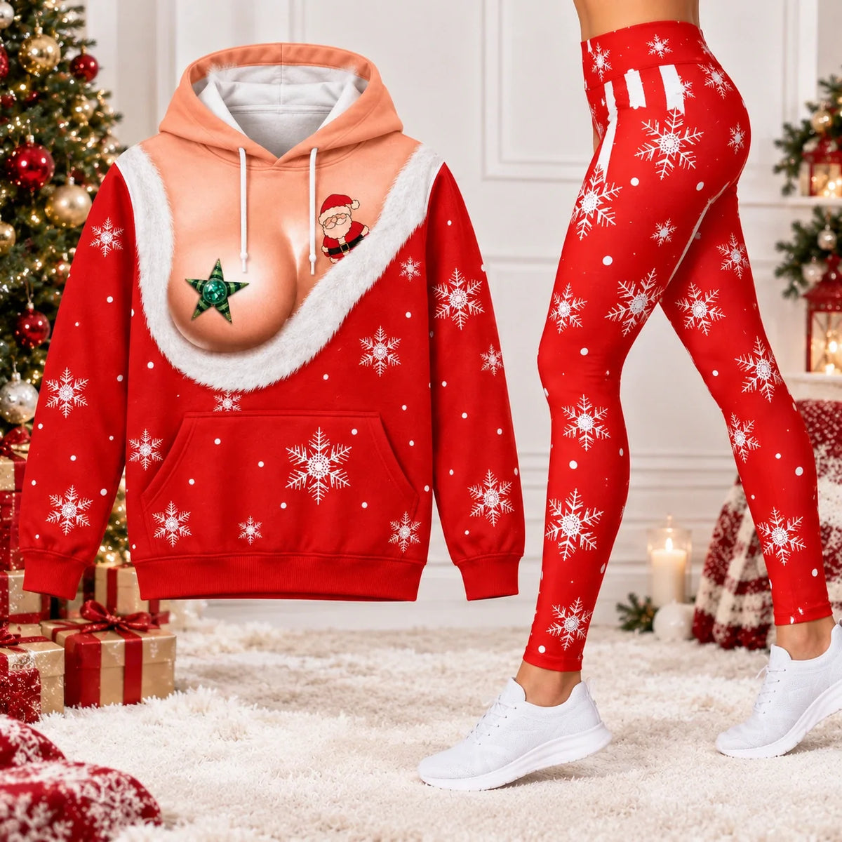 Women’s Funny Christmas Santa Illusion 3-Piece Set – Hoodie, T-Shirt & Leggings