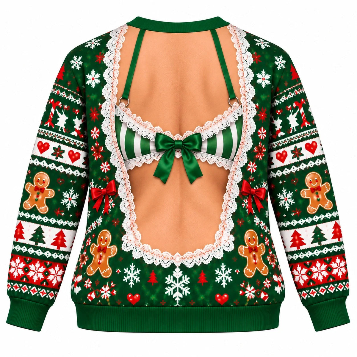 Women’s Funny Christmas Faux-Lace Lingerie Print Sweatshirt – Festive Green Holiday Pullover