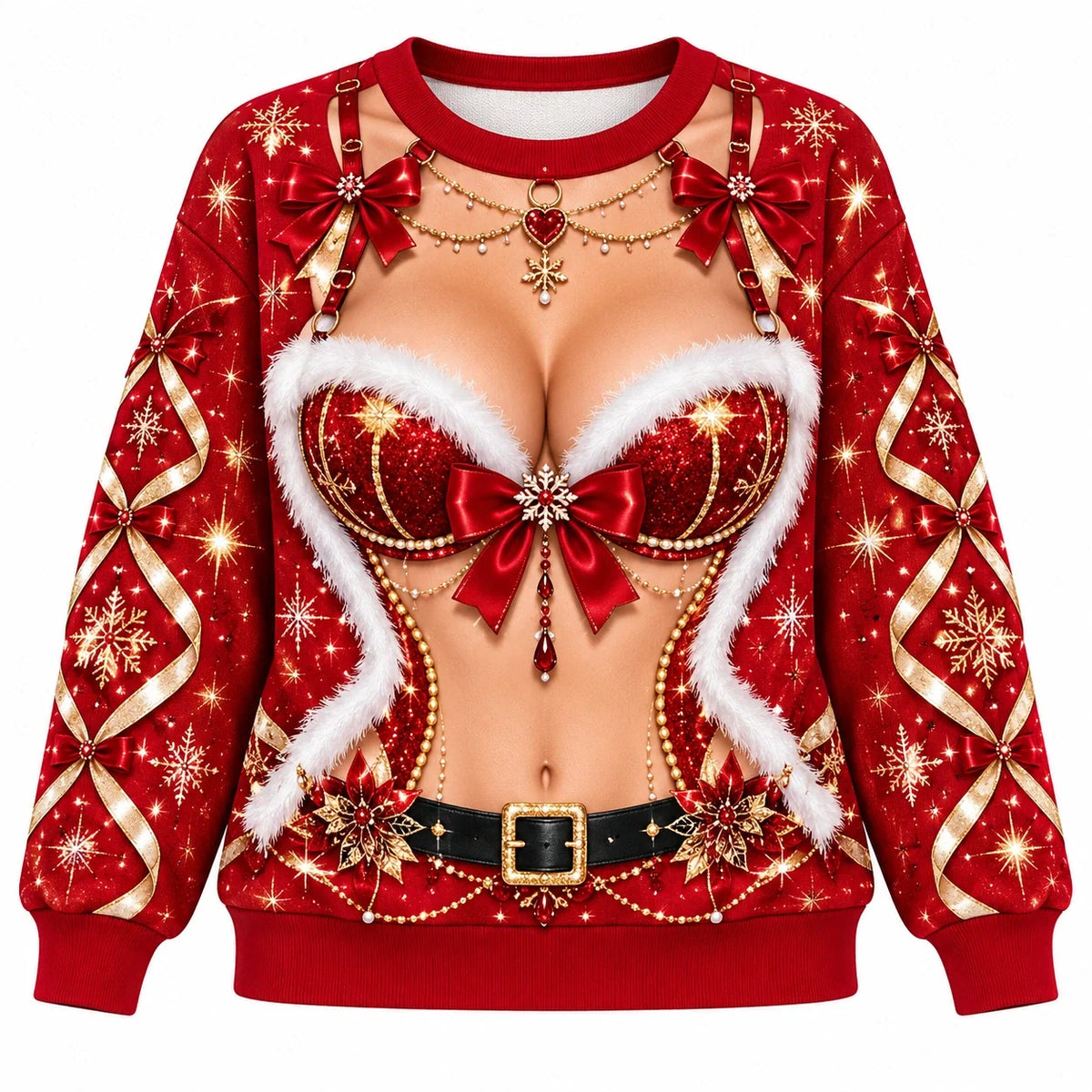 Women’s Christmas 3D Illusion Santa Sweater – Sparkly Festive Holiday Pullover