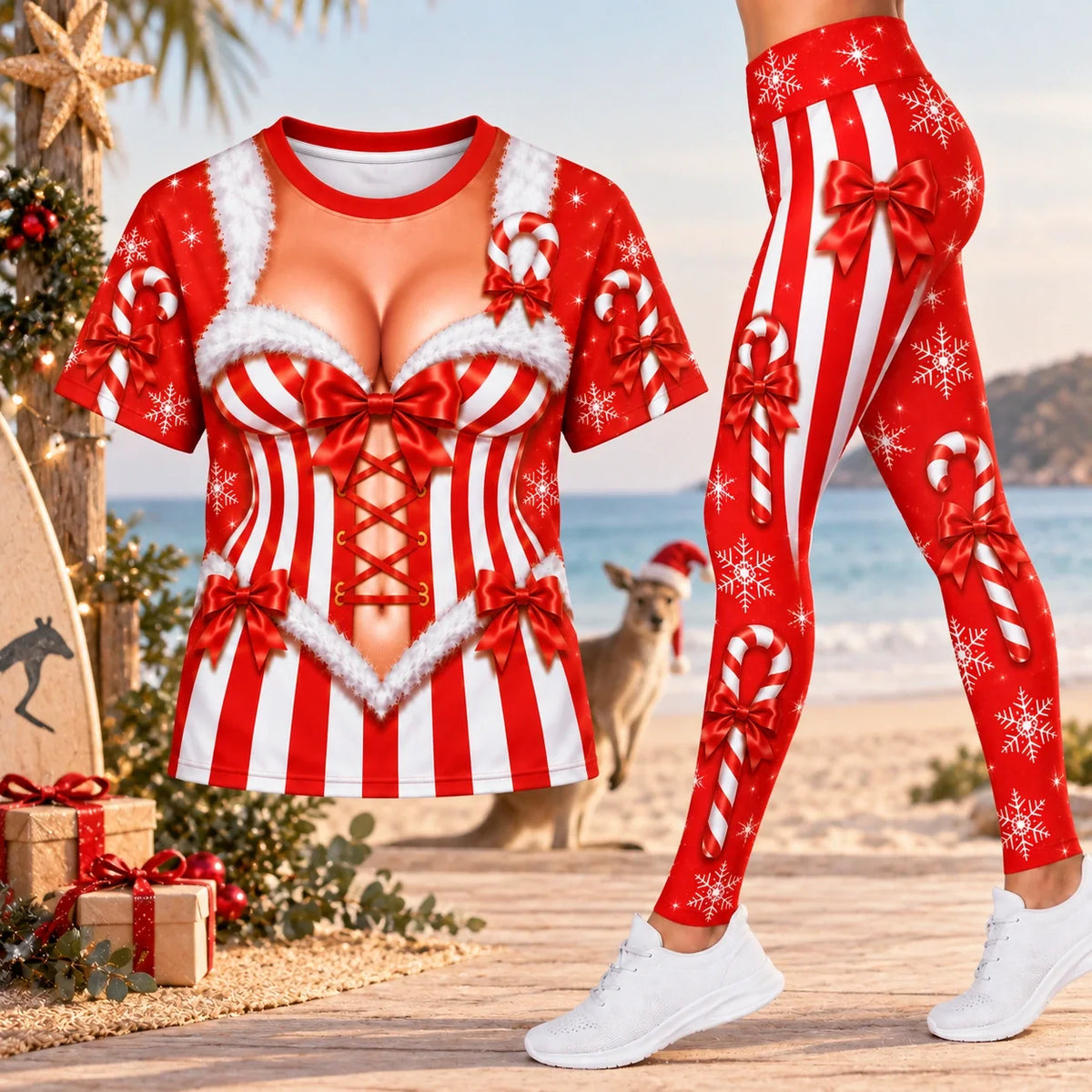 Women’s Christmas Candy Cane Corset Illusion 3-Piece Set – Hoodie, T-Shirt & Leggings