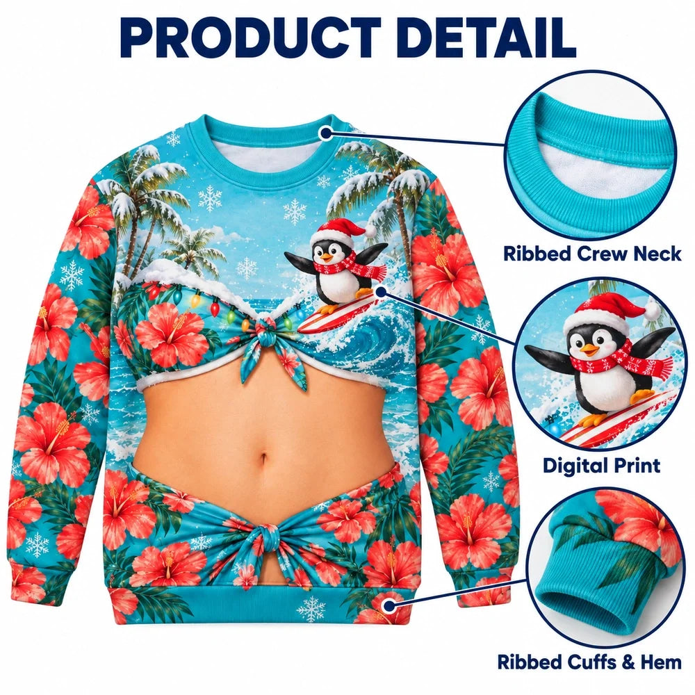 Tropical Penguin Christmas Sweatshirt – Funny Bikini Illusion Print