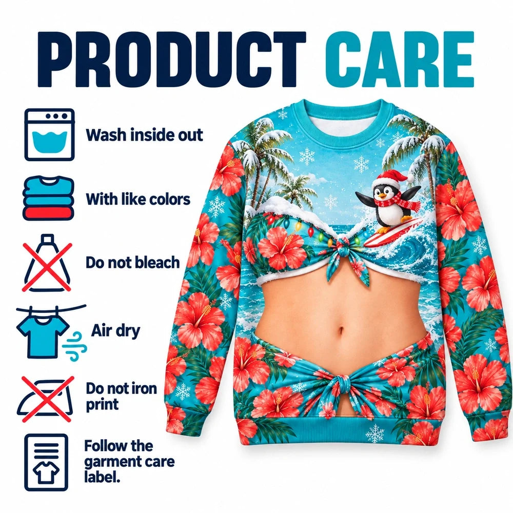 Tropical Penguin Christmas Sweatshirt – Funny Bikini Illusion Print