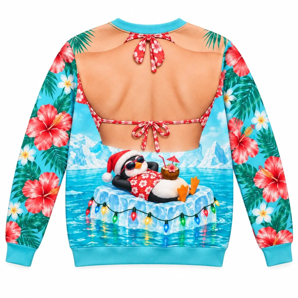 Tropical Penguin Christmas Sweatshirt – Funny Bikini Illusion Print