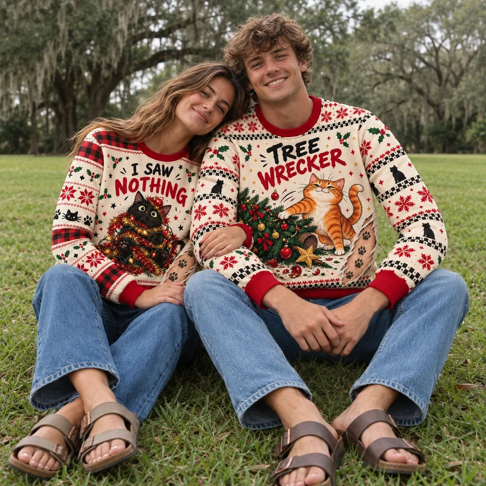Tree Wrecker & I Saw Nothing — Funny Cat Matching Christmas Sweatshirts
