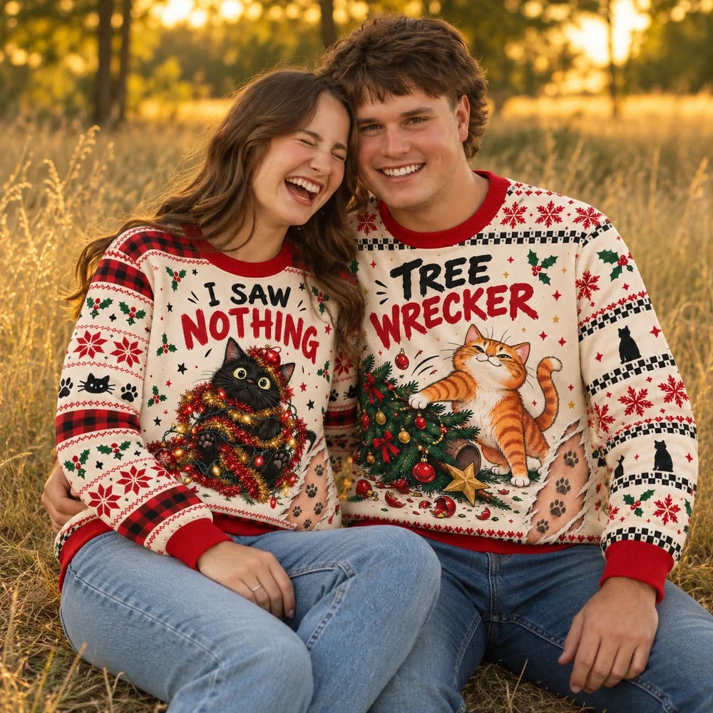 Tree Wrecker & I Saw Nothing — Funny Cat Matching Christmas Sweatshirts