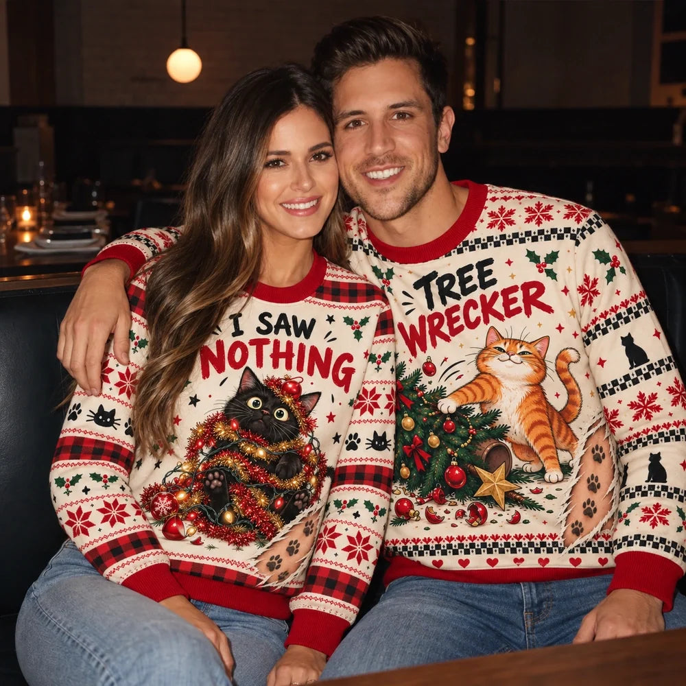 Tree Wrecker & I Saw Nothing — Funny Cat Matching Christmas Sweatshirts