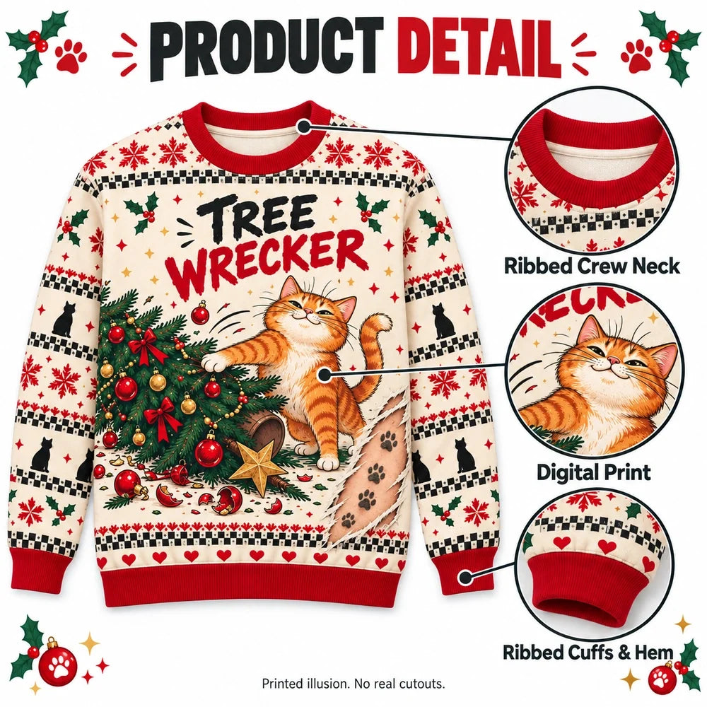 Tree Wrecker & I Saw Nothing — Funny Cat Matching Christmas Sweatshirts