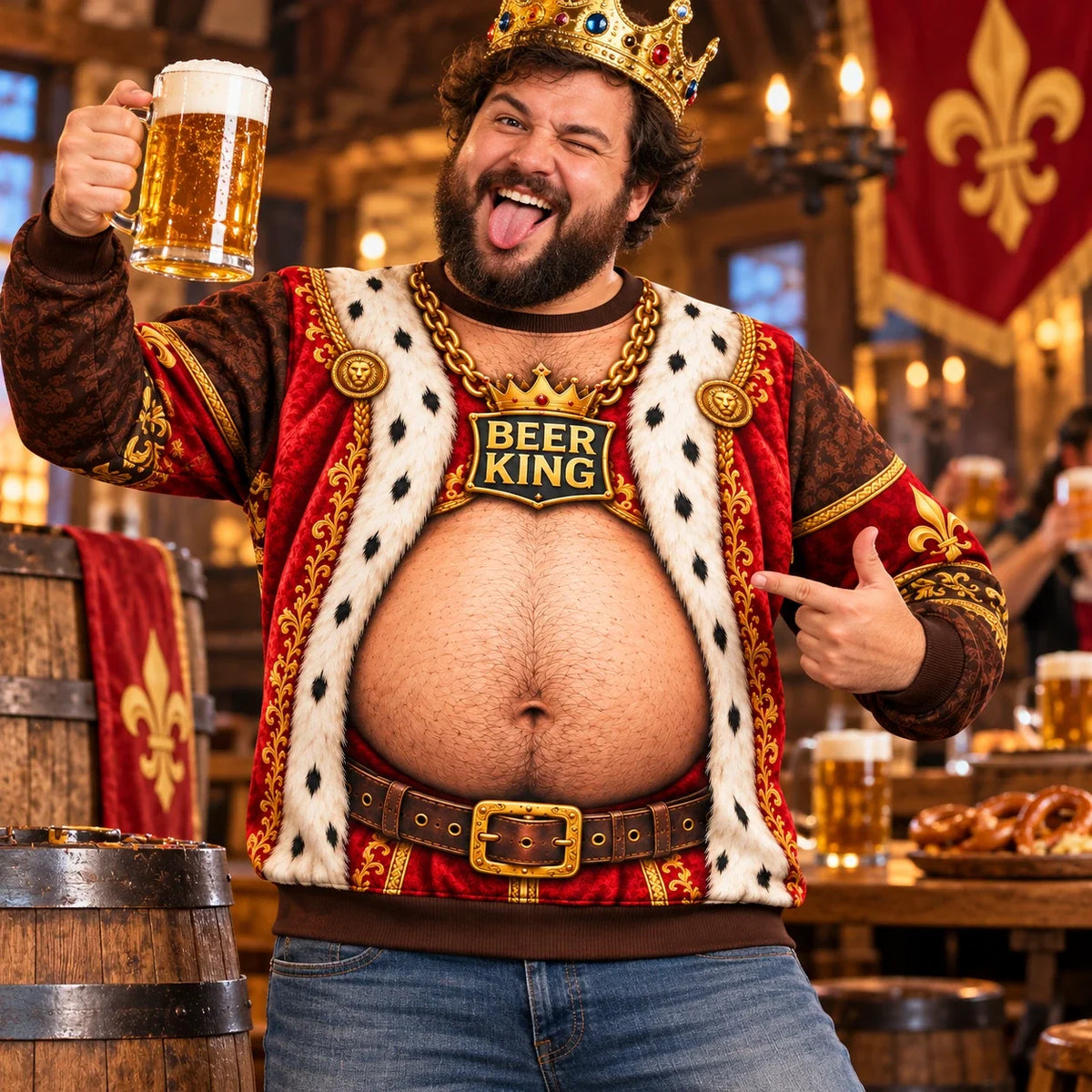 Beer King Funny 3D Printed Sweatshirt – Royal Beer Belly Graphic Pullover, Novelty Party Outfit for Men