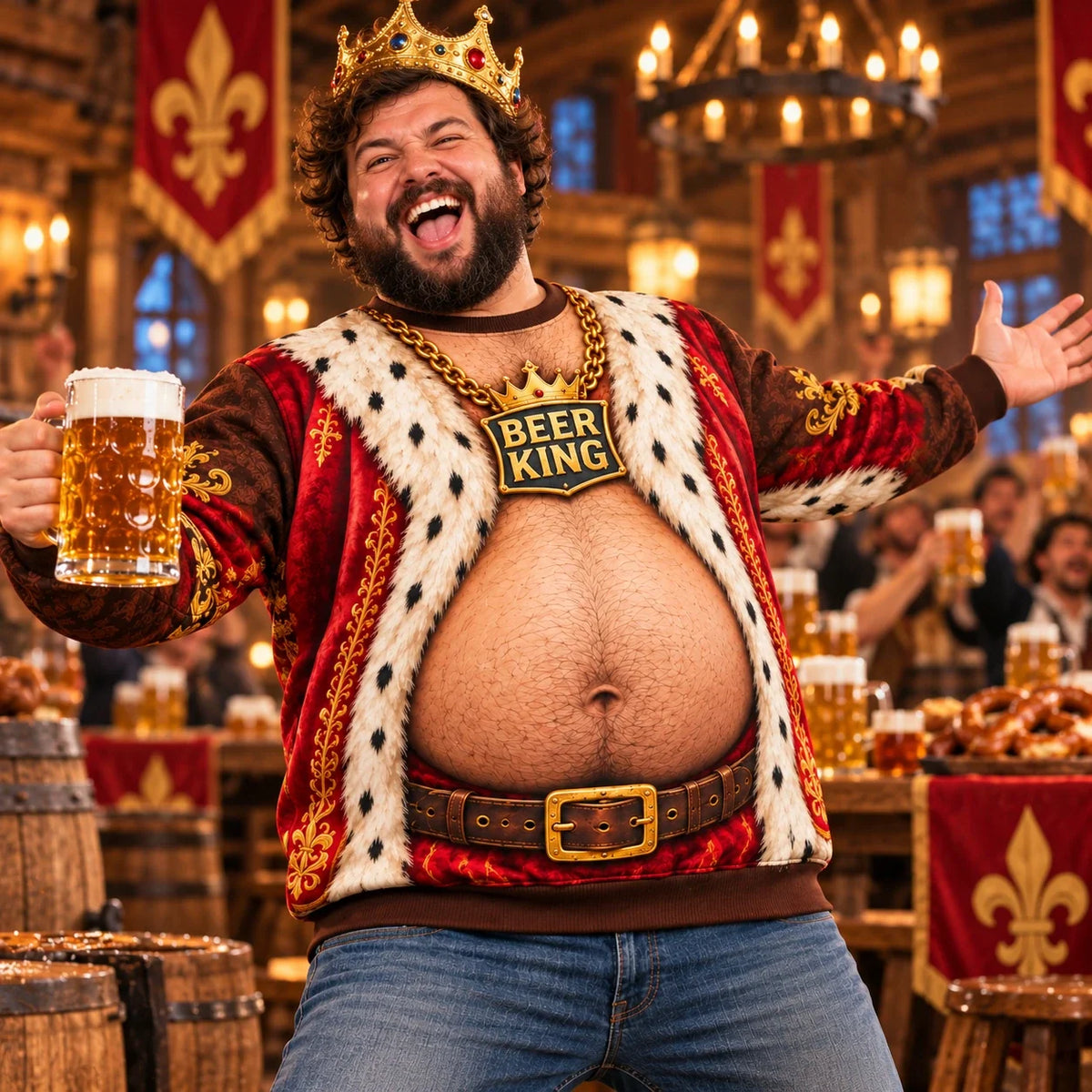 Beer King Funny 3D Printed Sweatshirt – Royal Beer Belly Graphic Pullover, Novelty Party Outfit for Men