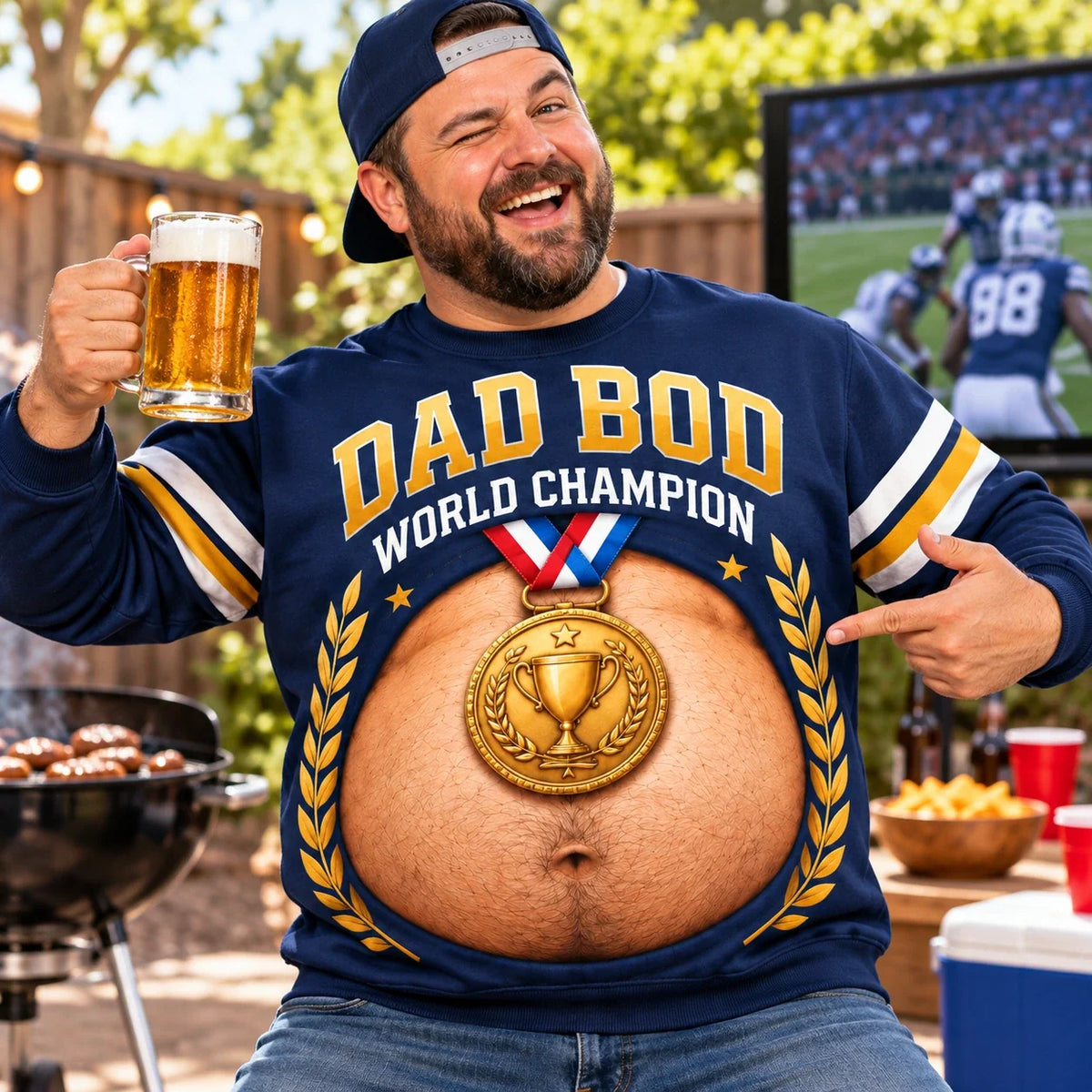Funny Dad Bod World Champion Sweatshirt – Beer Belly Graphic Pullover, Humorous Gift for Dad & Husband