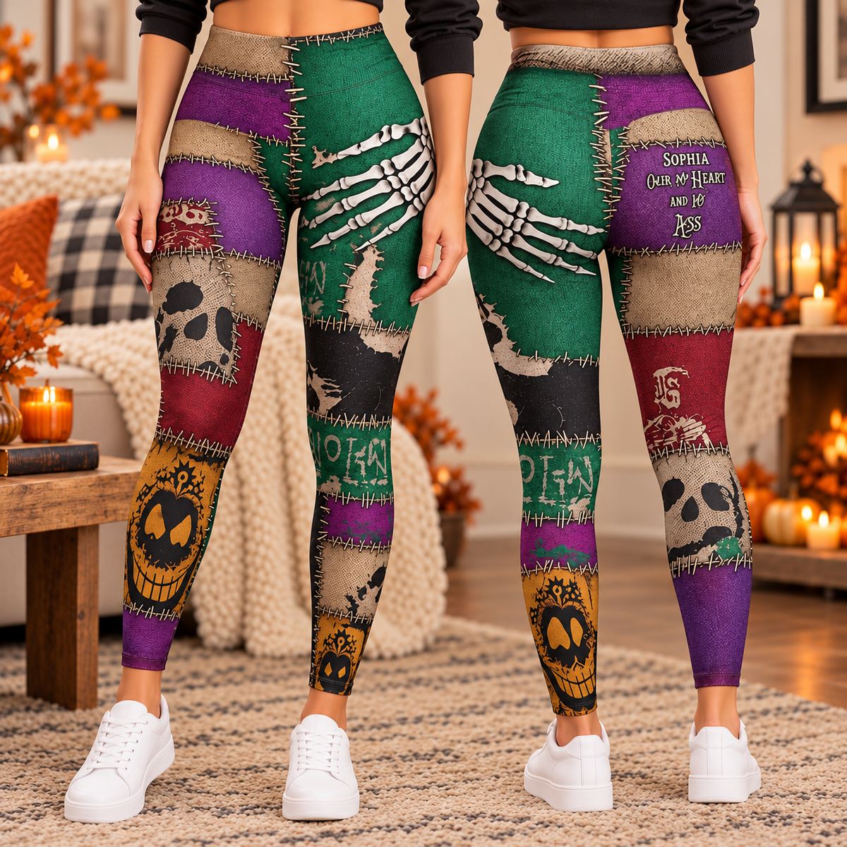 Personalized Skeleton Hand Patchwork Leggings for Women – Custom Name Gothic Print