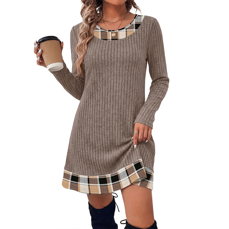 Plaid-Trim Ribbed Dress