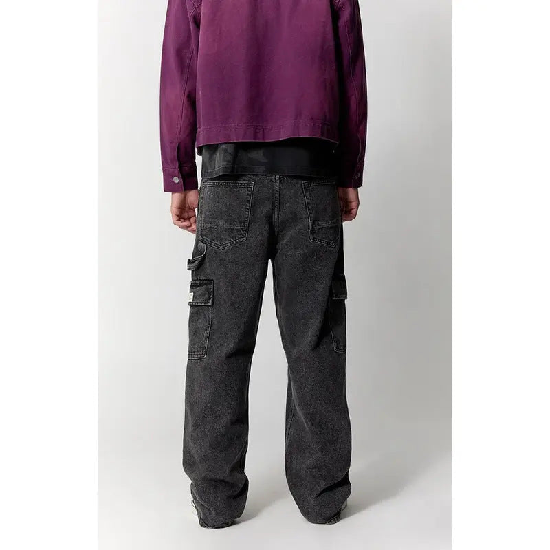 Men's Washed Black Baggy Cargo Jeans