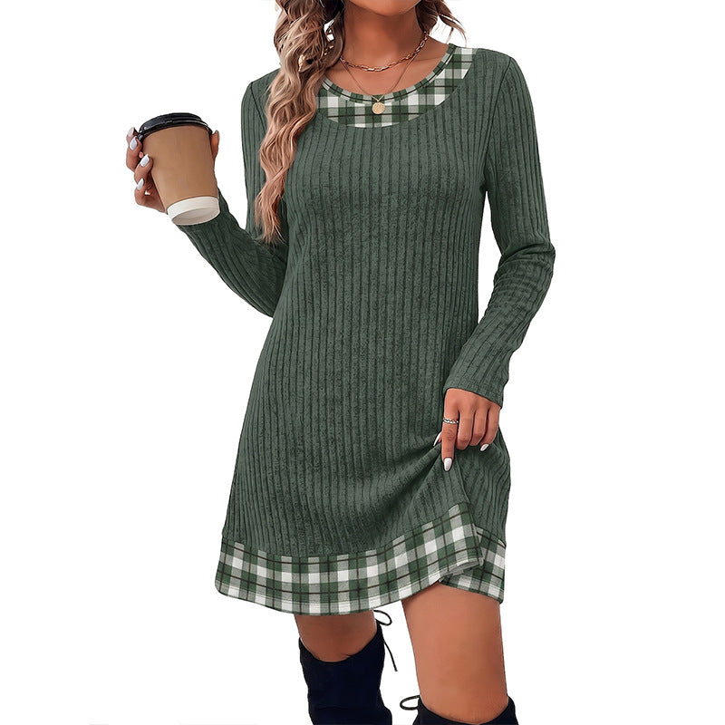 Plaid-Trim Ribbed Dress
