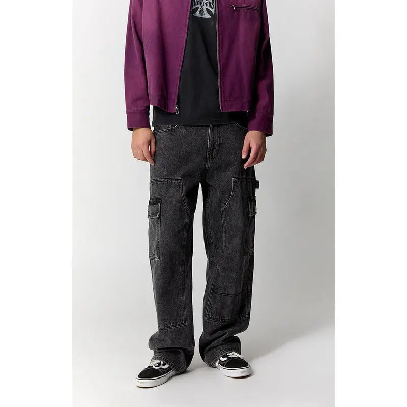 Men's Washed Black Baggy Cargo Jeans