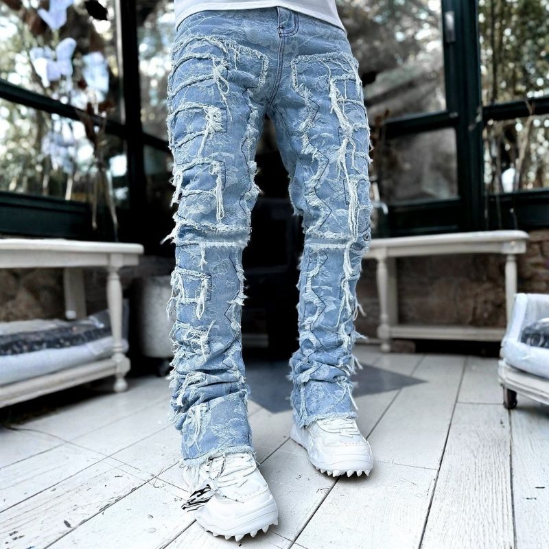 Men’s Distressed Ripped Stacked Jeans