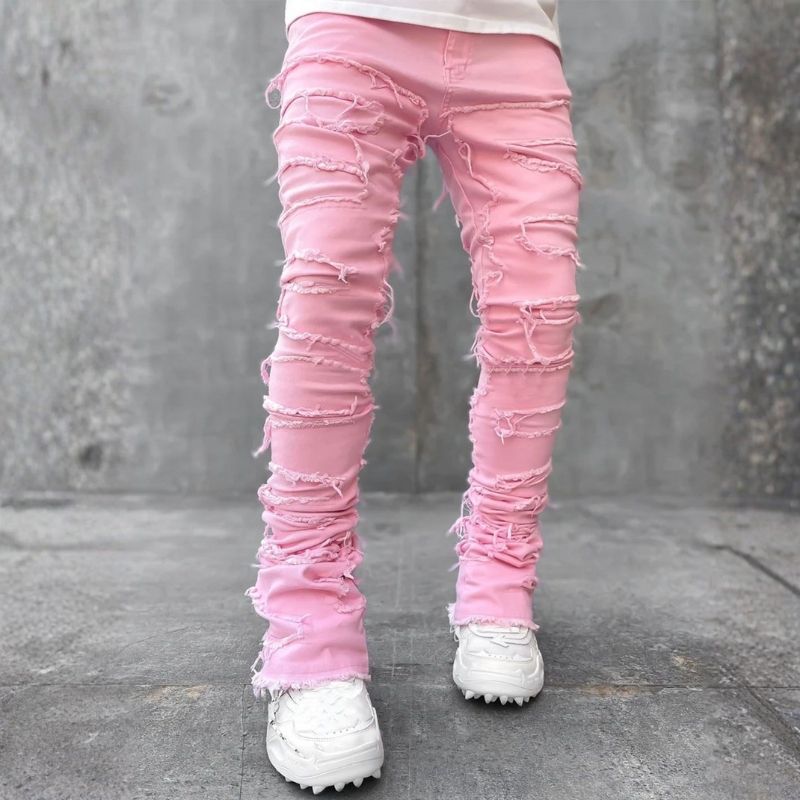 Men’s Distressed Ripped Stacked Jeans