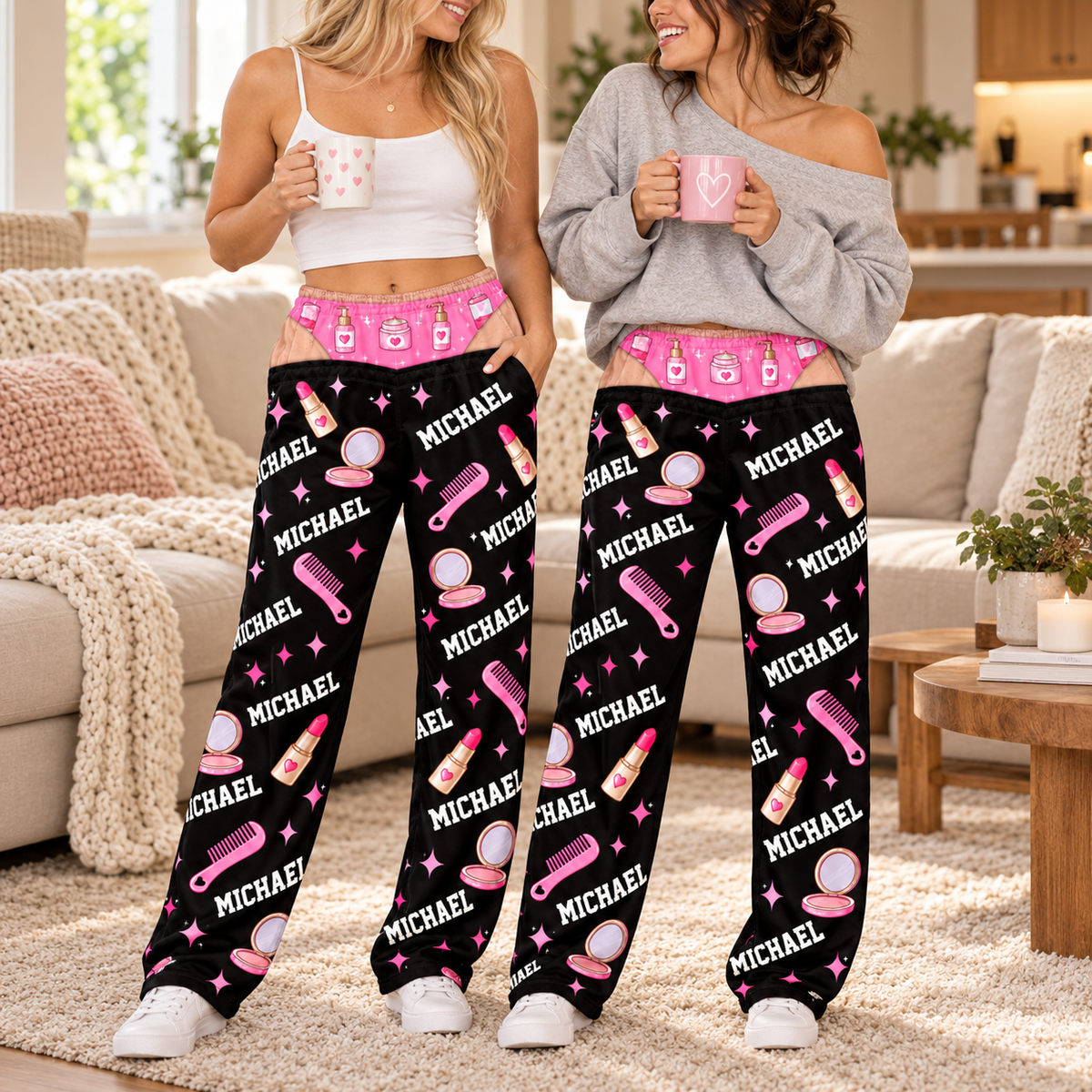 Makeup Print Pajama Pants for Women – Custom Name Lounge Pants