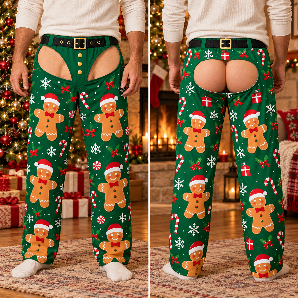 Funny Gingerbread Christmas Pajama Pants – Open Butt Holiday Gag Lounge Bottoms