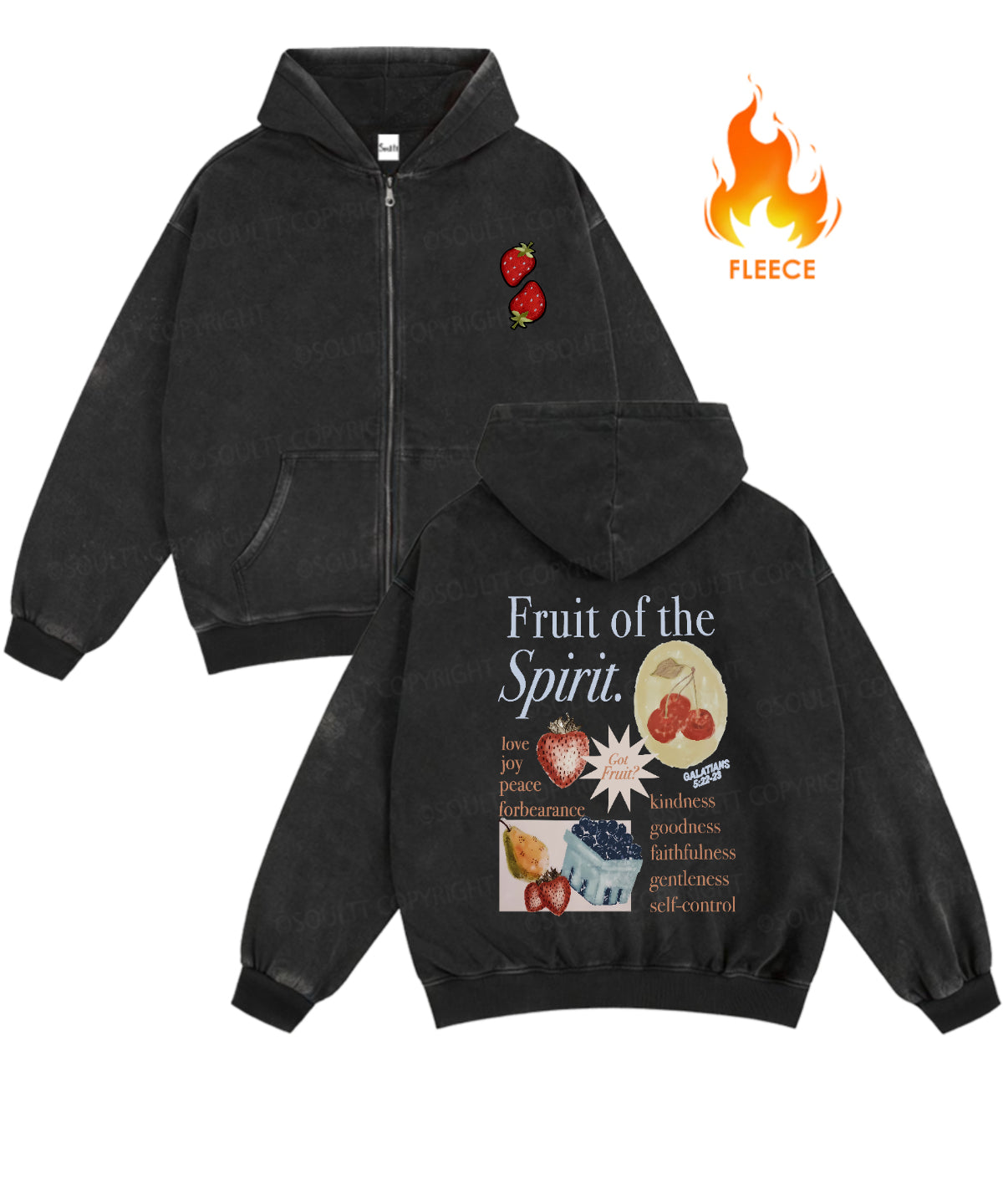 Fruit Of The Spirit Double Sided Washed Zip-Up Fleece Hoodie
