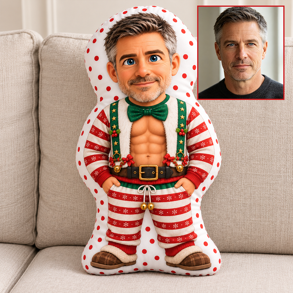 Personalized Custom Face Christmas Guy Pillow, Funny Muscle / Beer Belly Man Plush, Holiday Gag Gift for Him