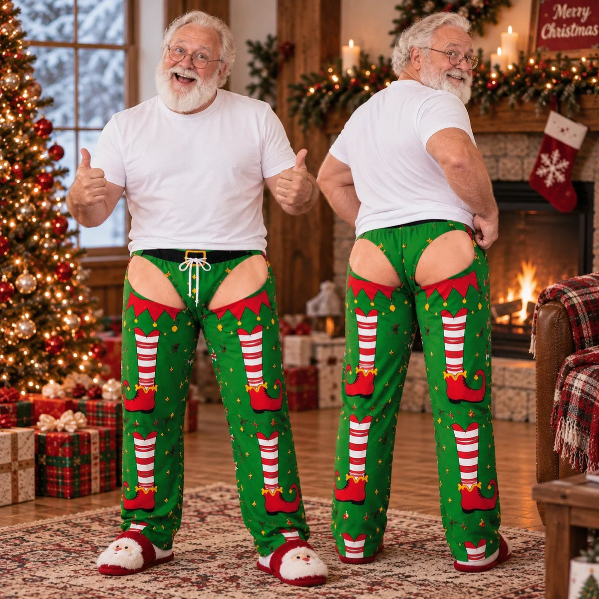 Funny Christmas Elf Pants – Men’s Thermal Wide-Leg Christmas Lounge Pants