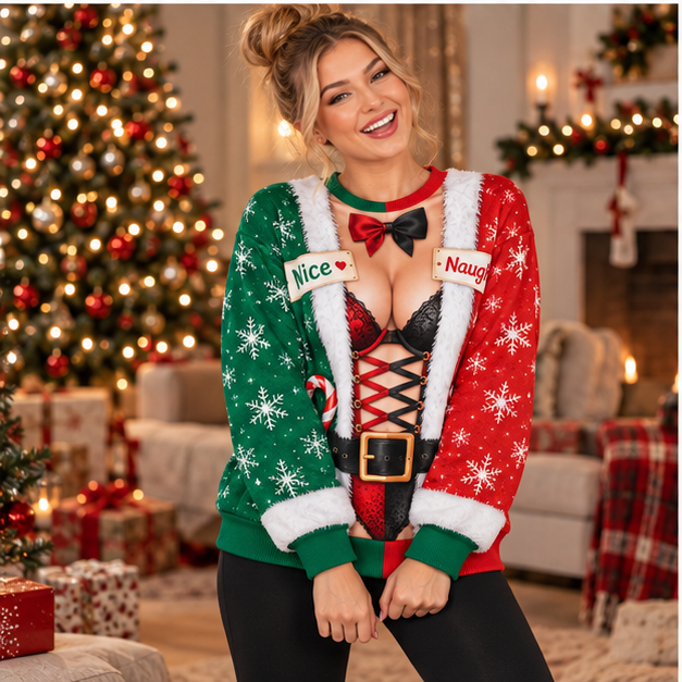 Women’s Funny Christmas Santa Nice Naughty Ugly Sweater – Festive Snowflake Holiday Pullover