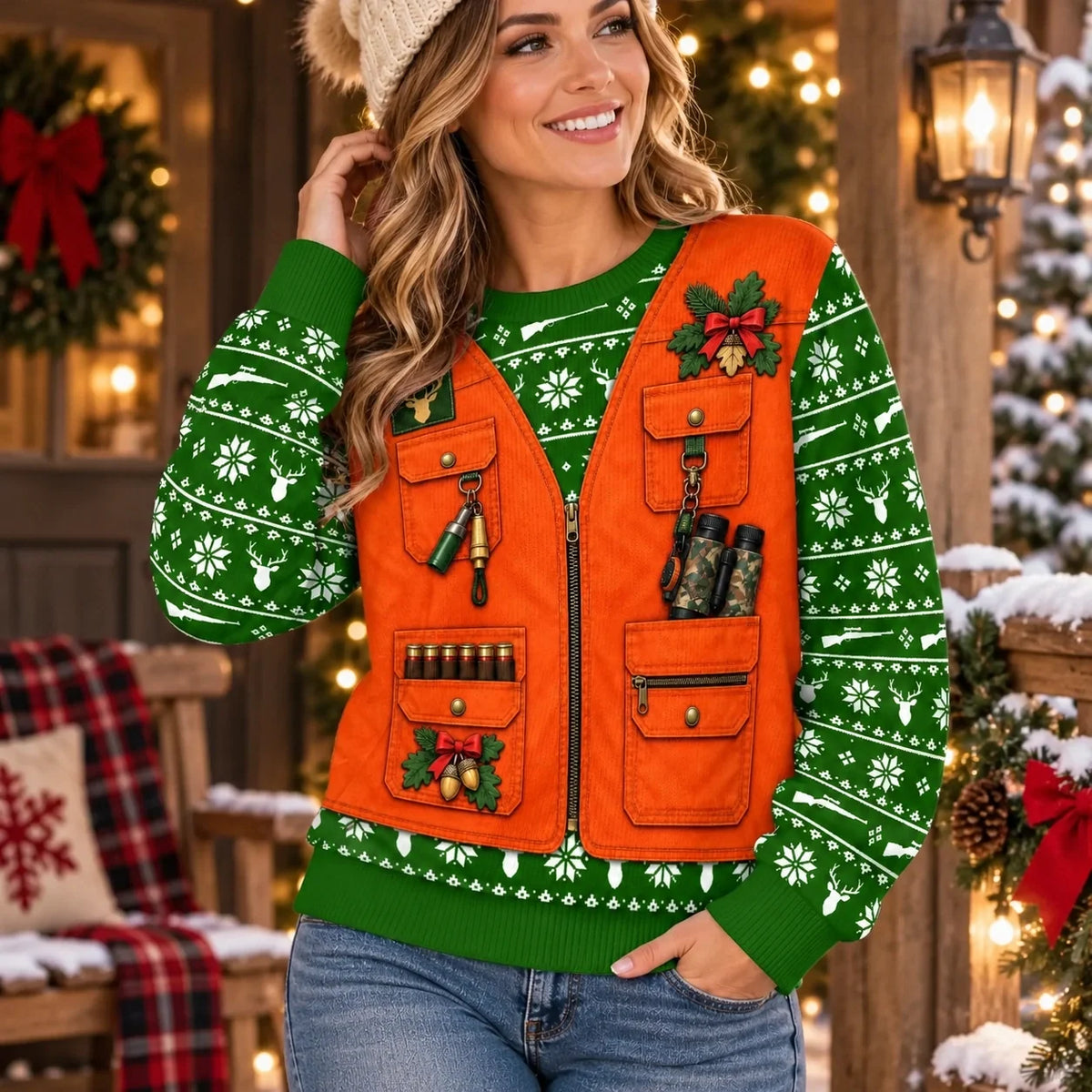 Custom Photo Merry Huntmas Deer Scene for Him - Personalized Ugly Sweatshirt