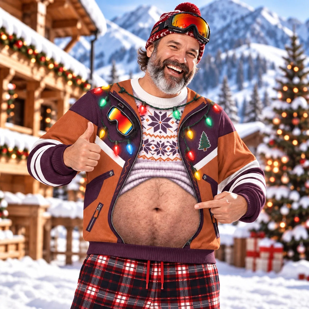 Funny Christmas Belly Sweatshirt – Holiday Lights & Jacket Print Ugly Christmas Pullover