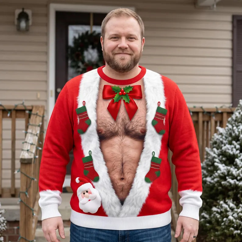 Funny Hairy Santa Christmas Sweatshirt – 3D Fake Abs Design