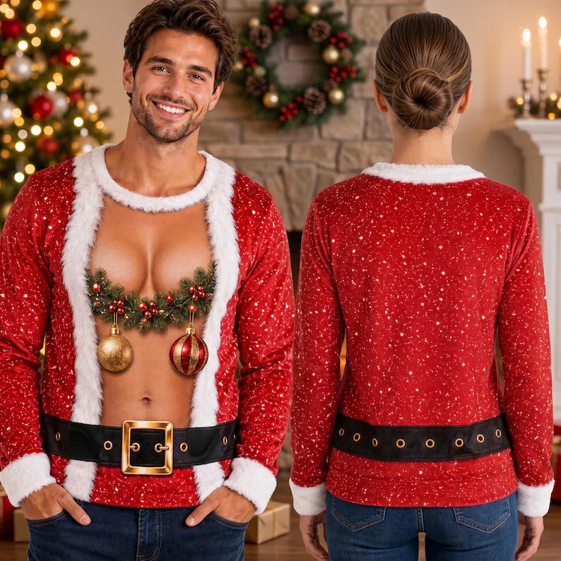 Funny Fake Chest Christmas Sweatshirt – 3D Body Illusion Design