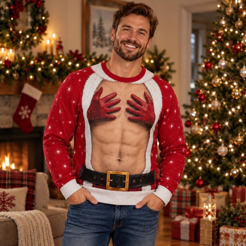 Funny Santa Hands Christmas Sweatshirt – 3D Muscle Abs Design