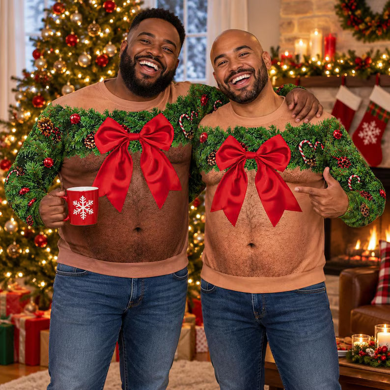 Funny Wreath Bow Fake Hairy Torso Print Sweatshirt – Men’s Ugly Christmas Party Jumper